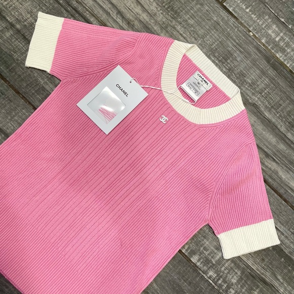 Chanel 23P Pink White CC Logo Ribbed Stretch Cotton Knit T-Shirt Top Shirt 36 - Picture 2 of 15